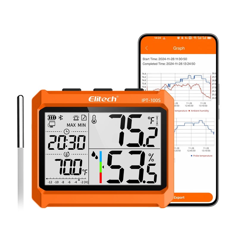 Elitech Digital Bluetooth Hygrometer Thermometer, Refrigerator Thermometer with Free APP, Real-Time Temperature Humidity Monitor with 4.5" Screen, PDF&CSV Data Export, IPT-100S with External Probe - Image 1